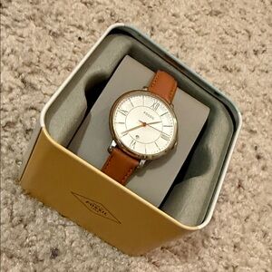Fossil Tan Leather Strap Watch with White Dial